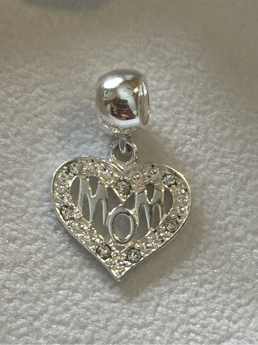Chamilia .925 sterling Silver Heart MOM dangle Charm with Clear Crystals